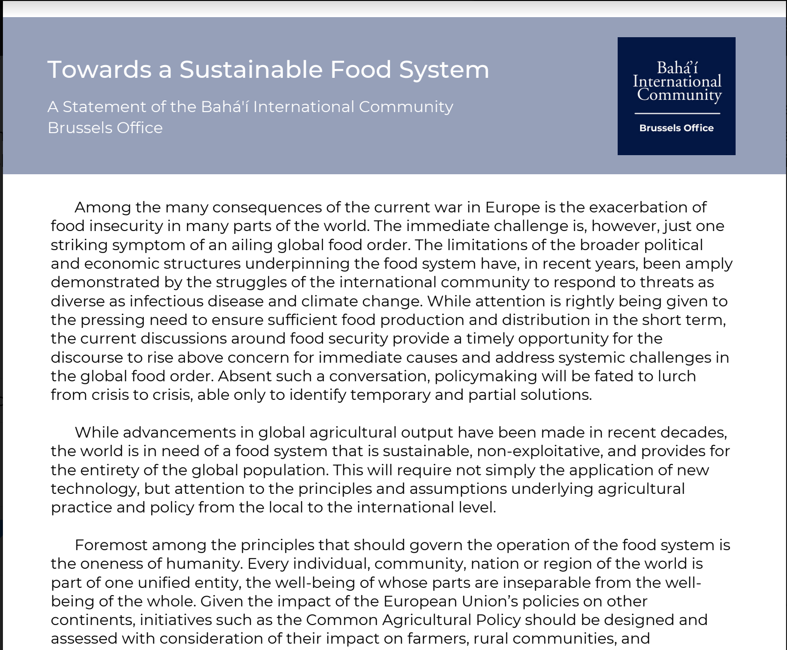 Towards a Sustainable Food System Bahá’í International Community