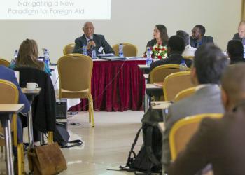 BIC Representative Prof. Techeste Ahderom chairing a session at a policy dissemination event "Emerging partners in Africa's post-conflict recovery", held in Addis Ababa in June 2016.