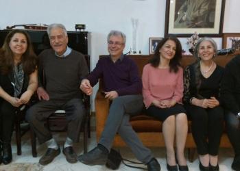 Jamaloddin Khanjani, 2nd from left, with three other former members of the Yaran who have completed their unjust sentences—Saeid Rezaie (center), Fariba Kamalabadi (3rd from right), and Mahvash Sabet (2nd from right).