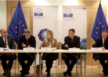 Ms. Rachel Bayani (BIC) among the representatives of the collaborating organizations COMECE, CEC and Quaker Council of European Affairs