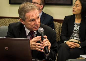 Csaba Kőrösi, permanent representative of Hungary to the United Nations, speaks at a 29 October 2014 breakfast meeting on civil society and the post-2015 development agenda.