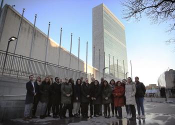 The Baha'i International Community delegation to the Commission on the Status of Women pictured outside of the UN in New York 