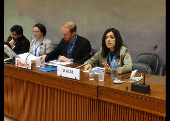 On the right is Diane Ala’i of the Baha’i International Community. Then, right to left, are Glenn Payhot of Impact Iran, who moderated the side event on 29 October 2014, followed by Sholeh Zamini of Sudwind, and Rod Sanjabi of the Iran Human Rights Documentation Center.