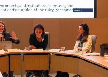 Elena Toukan, a Ph.D. student at the University of Toronto speaks during a BIC side event titled Illuminating the World: Education for Individual and Collective Flourishing 
