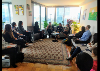 Delegates of the Baha'i International Community consult in preparation for their engagement at the 62nd UN Commission on the Status of Women