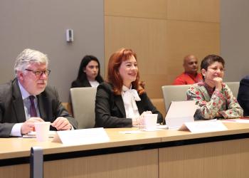 (Left to right) H.E. Ambassador Agustin Santo Maraver, Ms. Maria Fernanda Espinosa and Dr. Azza Karam speaking at the first discussion on Our Common Agenda Hosted by the Baha’i International Community