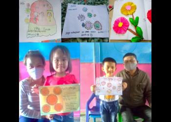 Parents with their children who are enrolled in Baha’i-inspired community schools in the North Sumatra region of Indonesia, where in-person lessons have had to be suspended. Teachers of community schools in the country have been going to the homes of their students to drop off and pick up homework assignments.