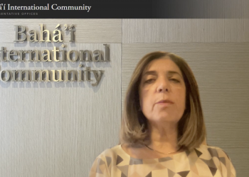 Diane Ala'i, Representative of the Baha'i International Community to the United Nations, delivering her statement to the Human Rights Council by video