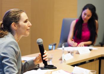 Dr. Severine Autesserre, Professor of Political Science at Barnard College, Columbia University in New York speaks during the panel.
